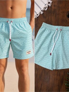 Men's Light Aqua Geo-Print Swim Trunks with Contrast Drawcord